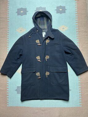 Vintage LL Bean hooded wool toggle coat plaid lined duffle jacket navy large?